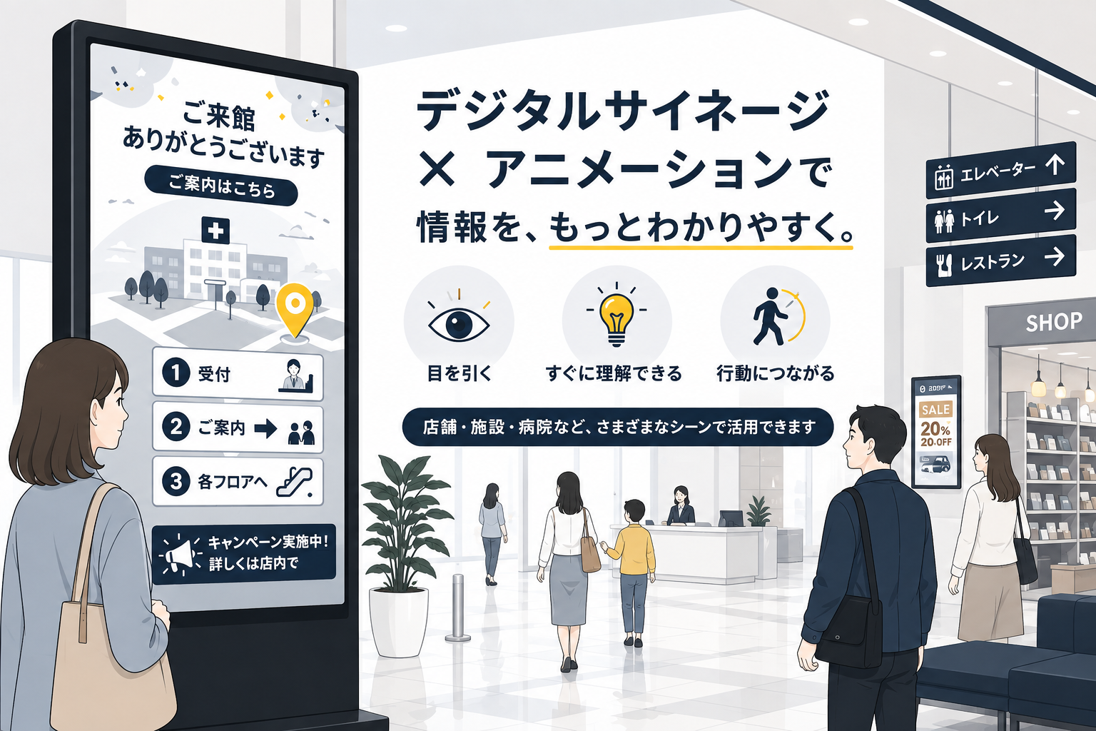 デジタルサイネージでアニメーション動画を表示しているイメージ